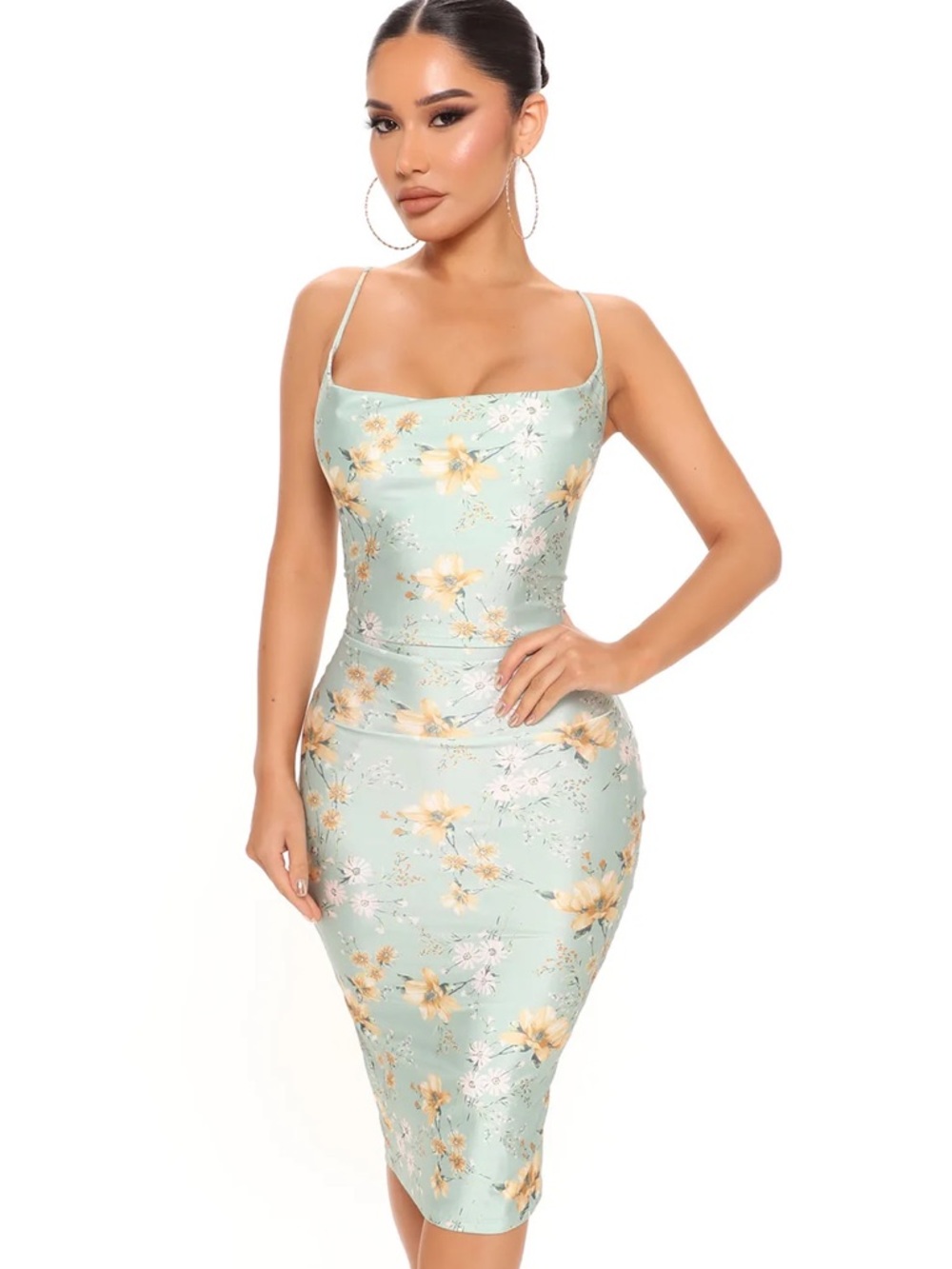 Fashion Nova Sage Green Floral Satin Midi Dress
